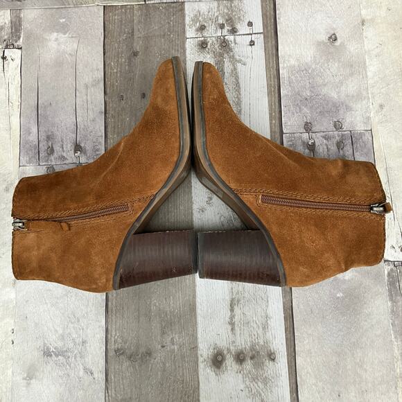 Aldo Suede Boots 8.5 Tan Leather Zipper Ankle Chunky Heel Western Boho Casual - Picture 5 of 14